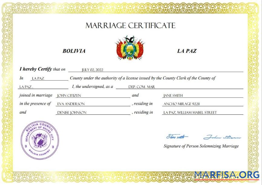 Printable Bolivia marriage certificate Word and PDF template